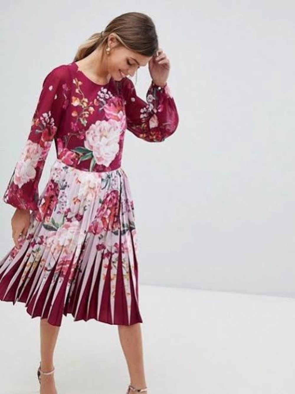Ted Baker Esperan Serenity Contrast Pleated Floral Midi Dress Long Sleeve Maroon